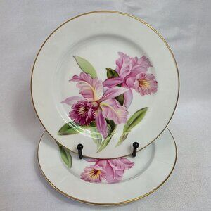 TWO Noritake Pink Orchid Salad Plates White with Pink Orchid Green Leaves